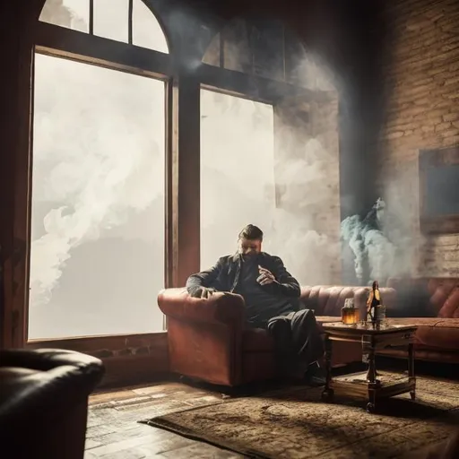 Prompt: A man sitting in a sofa with whiskey and smoke infront of a window in a room with dim 
 light