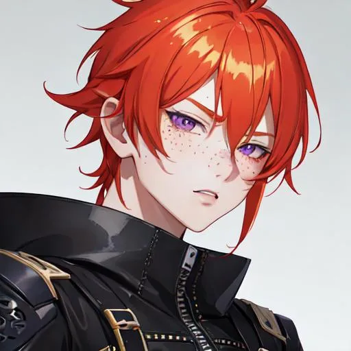 Prompt: Erikku male adult (short ginger hair, freckles, right eye blue left eye purple) UHD, 8K, Highly detailed, insane detail, best quality, high quality,  anime style, biker 