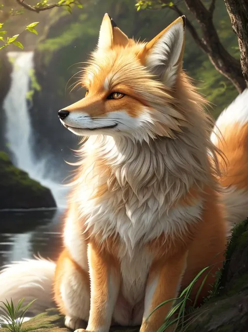 Prompt: hyperrealistic, best quality, professional oil painting, masterpiece, nine-tailed female fox sitting on a cliffside, golden fur, head cautiously bent forward, thick silky white-gold mane, nine tails, kitsune, shy, cautious, perfect composition, highly detailed, (sharp expressive detailed eyes:3), UHD, HDR, unreal engine, high octane render, 8k, intricate detail, 8k eyes, yuino Chiri, golden ratio, high octane, cinematic, intricately detailed mouth, highly detailed paws