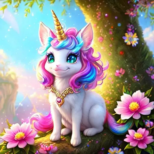 Prompt: Glittering close up cute and adorable colorful Unicorn gremlin widely smiling creature on a tree, filigree, long striped tail, reflective eyes, flowers, rim lighting, lights, extremely fluffy, detailed eyes. magic, surreal, fantasy, digital art, Alice in Wondeland style, wlop, artgerm and james jean, extremely detailed teeth, cute teeth, , kids story book style, muted colors, watercolor style