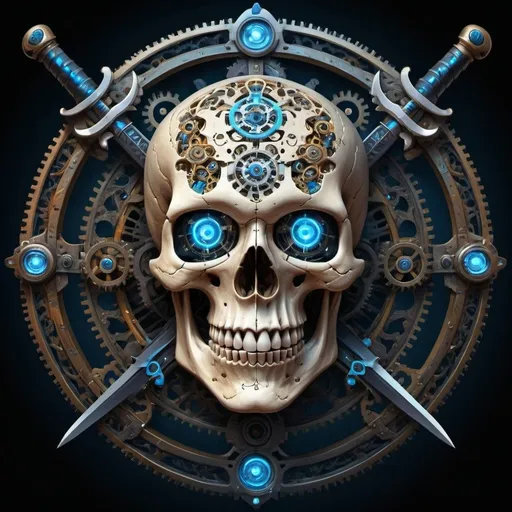 Prompt: The inner circle has a skull, mechanical, with bright blue eyes that glow with joy and a mysterious smile, a blue tooth, a clockwork mechanism on the skull's forehead, a sword crossed in the center,