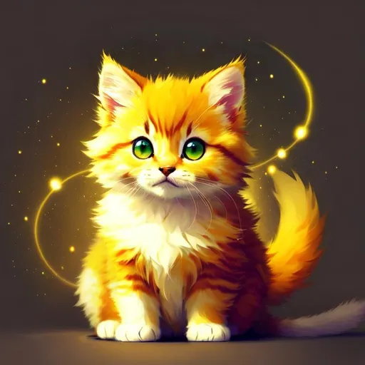 Prompt: Cute, yellow, fluffy, fantasy light kitten, with lighting, yellow eyes, yellow fur, and possessing the element of space and making circles of lighting stripes
 move around in the air in a magical way, in a space background. Perfect features, extremely detailed, realistic. Krenz Cushart + loish +gaston bussiere +craig mullins, j. c. leyendecker +Artgerm.