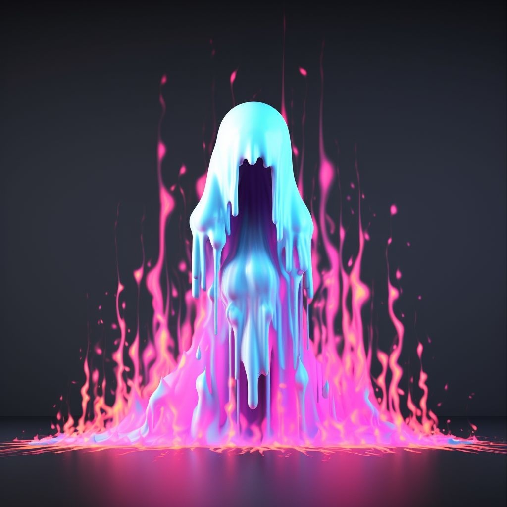 Prompt: image of a ghost, in front of colorful flames, in the style of dripping paint, luminous 3d objects, detailed character design, matte background, haunting structures, dark white and light magenta, light cyan and light ambe