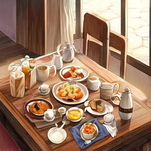 Prompt: A great breakfast with potato  and milk tea