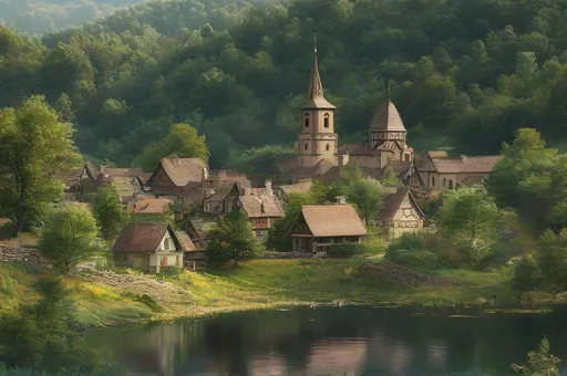 Prompt: Bustling medieval village, ivy covered church, small lake, rolling forested hills, highres, detailed, medieval, spring atmosphere, immersive, historical, lush greenery, atmospheric lighting