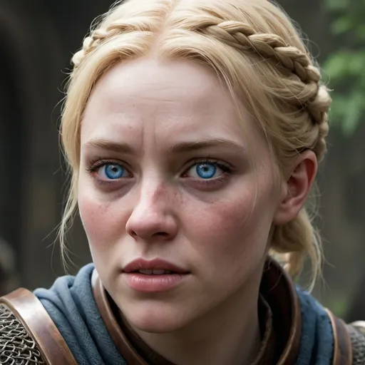 Prompt: hyper-realistic human female, Brienne is unfeminine in appearance and is considered unattractive by Westerosi standards. She is tall, muscular, flat-chested, and ungainly, with long, shoulder-length brittle straw-colored hair and broad, coarse features that are covered in freckles. Brienne's teeth are prominent and crooked. Her mouth is wide, her lips are swollen, and her nose has been broken more than once. She has large, beautiful blue eyes. Her fingers are thick and callused. Brienne is horse-faced, fantasy character art, illustration, dnd, 