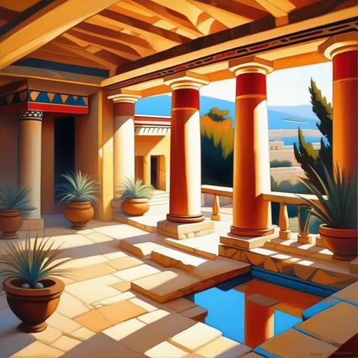 Prompt: Knossos Palace, bronze age, warm atmosphere, cartoony style, extremely detailed painting by Greg Rutkowski and by Henry Justice Ford and by Steve Henderson 


