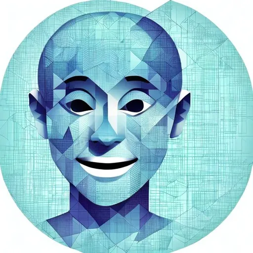 Prompt: smiling geometric human like figur in editorial illustration style, whole body made out of circle, triangle, rectangle, square