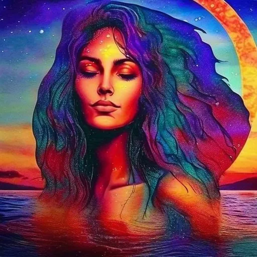 Prompt:  water magic woman red blue purple sunset mountain music  beauty latina moon goddess healer