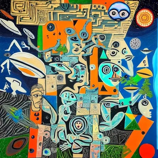 Prompt: A abstract cut up painting with hidden messages and riddles placed on the image realism detailed textured painting of extraterrestrial aliens and space ships and talking trees with a Picasso style mixed with Salvador Dali style, poetry, a story told in the painting hidden objects although the painting like random 🙏 deep in the painting 
