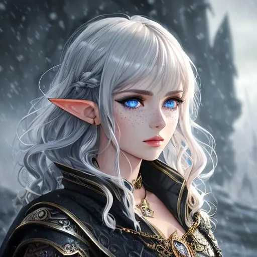 Prompt: half body portrait, female , elf, detailed face, detailed vibrant eyes, full eyelashes, ultra detailed accessories, tunic, curly messy hair, bangs, dnd, artwork, fantasy,inspired by D&D, concept art, ((looking away from viewer)), ((dark fantasy)), gloomy and gray night background, freckles, short hair, pale white skin, snow storm and heavily snowing background, gray winter fur coat and hood , fur cape cloak, female elf, dark and cold background, UHD, 8K, dark fantasy, (art inspired by Agnes Cecile), thin eyebrows, muted artwork, faded colors, winter season, night time, dark aesthetic, stars out at nighttime background