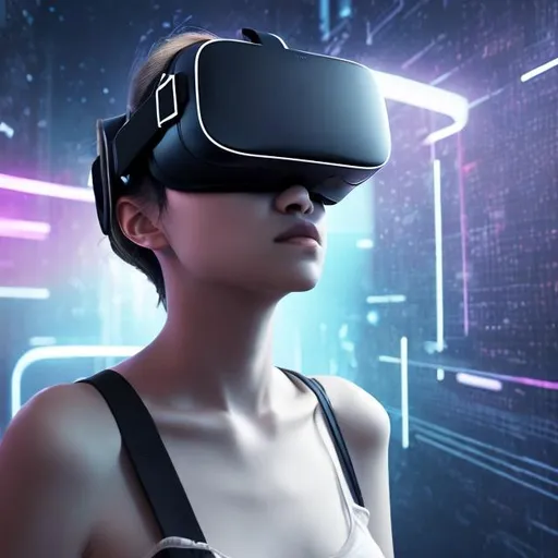 Prompt: woman connected to virtual reality, hyperrealistic, future, dancing in the metaverse, dark, ominous