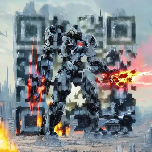 Prompt: masterpiece, best quality, mecha, no humans, black armor, blue eyes, science fiction, fire, laser canon beam, war, conflict, destroyed city background