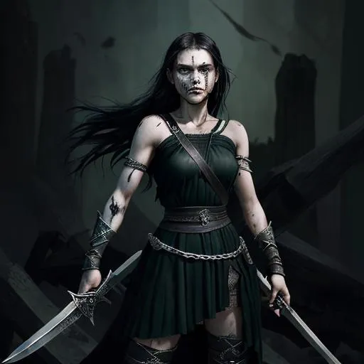 Prompt: A young warrior, with black hair and green eyes, dressed in a black dress with silver shackles around her arms. She stands on the bones of her enemies, with two swords in both hands. Tears of blood run down her face from the pain.
