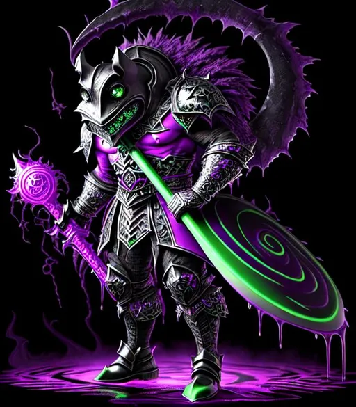 Prompt: Horror, Scary, Ominous, Sinister, freeform dark chaos epic bold, 3D, HD, {one}({liquid metal {Man}Frog dressed in Barbarian outfit} with {purple gold pink green red silver blood}ink), expansive psychedelic background --s99500