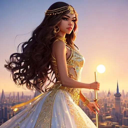 Prompt: Zendaya, full body pose, Hyper realistic face, casting magic spells with staff,  battlefield ethereal white and gold lace royal princess suit with skirt,  floating city in background, jewelry set, wild straight super long hair, sun and moon in background, royal vibe, highly detailed, digital painting, HD quality, brown skin, artgerm, by Ilya Kuvshinov 