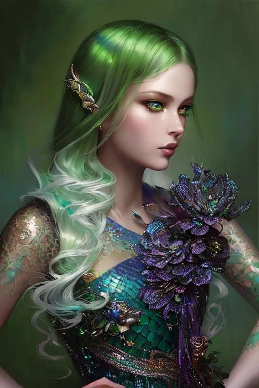 Prompt: A beautiful woman, beautiful face, stunning snake green eyes, ombre gradient green hair, delicate dress made of gradient iridescent snake scales details by pino daeni, tom bagshaw, Cicely Barker, Daniel Merriam, intricate details by Andrew atroshenko, James Jean, Mark Ryden, charlie bowater, WLOP, Jim burns, esao Andrews, Megan duncanson, beautiful portrait , very detailed, high definition, crisp quality, cinematic smooth, cinematic lighting, ultrarealistic, crispy focus 