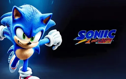 Prompt: sonic corriendo con rayos supersonicos y con el logo de la pelicula