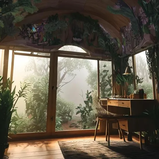 Prompt: inside a roo with a wooden desk in front of a window  with a background of a garden in a rainy day at night and all iluminated with a grey tone.
