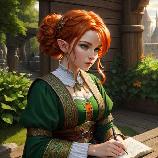 Prompt: oil painting, fantasy,  UHD, hd , 8k, , hyper realism, Very detailed, zoomed out view of character, panned out view, full character visible,  elf female artist, she has curly orange hair in a bun, she has green eyes, she is wearing medieval attire