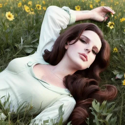 Prompt: lana del rey lying in a field