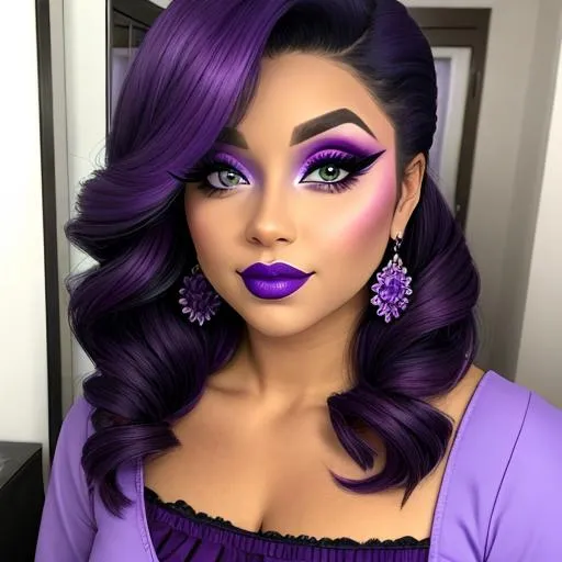 Prompt: A woman all in purple, pretty makeup