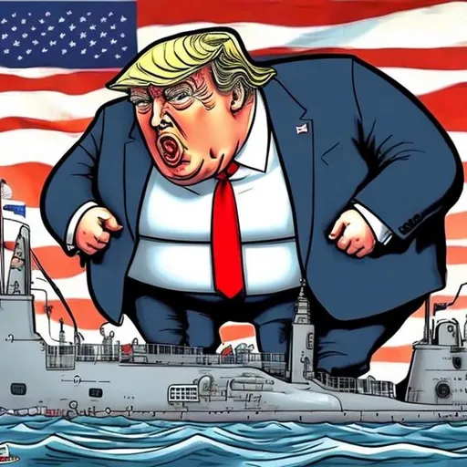 Prompt: Cute, obese raging Trump whispering into the ear of a Russian spy in front of a nuclear submarine in drydock, press conference, dark-blue suit, too long red tie to the floor, u-boat scene, muted gloomy colored, Sergio Aragonés MAD Magazine cartoon style