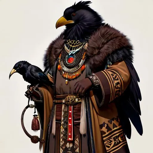 Prompt: A mysterious shaman wearing a large rodent skull mask, covered in dark brown tribal fur robes and gloves. holding a rat in his hand, and a raven on his left shoulder.