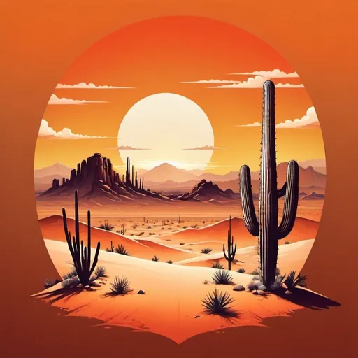 Prompt: Desert Mirage: A sunset over a vast desert landscape, featuring cacti and a deep orange sky with a retro gradient.