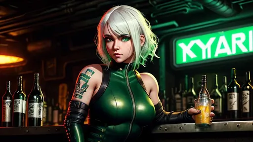 Prompt: cyberpunk female hostess in post  apocalyptic bar in the style of ilya kuvshinov, athletic body, round face, detailed features, realistic, green eyes, leather leotard, short wavy  hair, white hair, full body image, high detail, leaning on bar