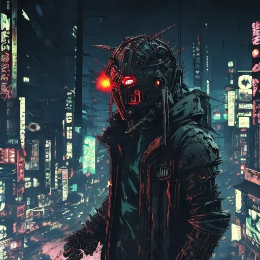 Prompt: Original villain. Blood spatters. Very Dark image with lots of shadows. Background partially destroyed neo Tokyo. Noir anime. Gritty. Dirty. Black with neon forest green accents. armour. Kenji mask. Bionic enhancements. 
