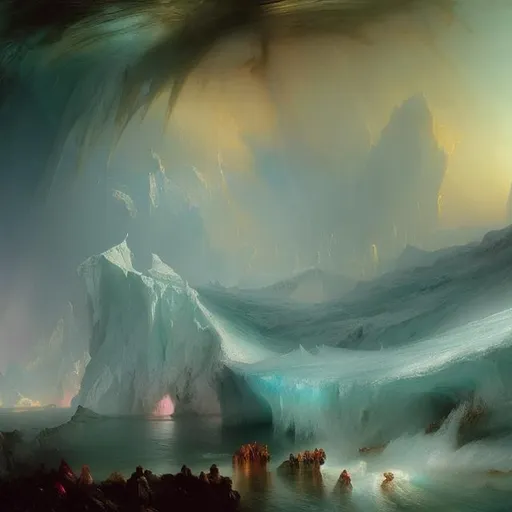 Prompt: A stunning icy seascape off the coast of Antarctica with the aurora, sea arches, detailed 
icebergs and vibrant pinks in the style of Thomas Moran with sublime light and the texture found in JMW Turner's oil paintings
