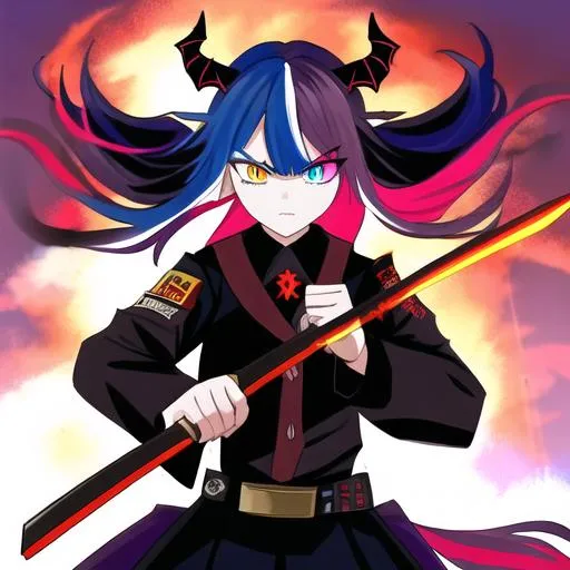 Prompt: Haley  as a demon (multi-color hair) (multi-color eyes)(she has horse ears) holding a katana, fighting, in a gunfight, bullets flying, fighting in a rural area, angry, (demon tail), (demon wings), lunging at the center, flying in the air