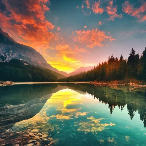 Prompt: realistic image of nature with trees, water, mountains, sunset