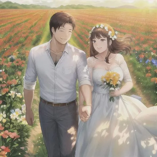 Prompt: A friend, holding my hands, in a flower field, the sun is bright and bring a smile on my face. Woman and man. 