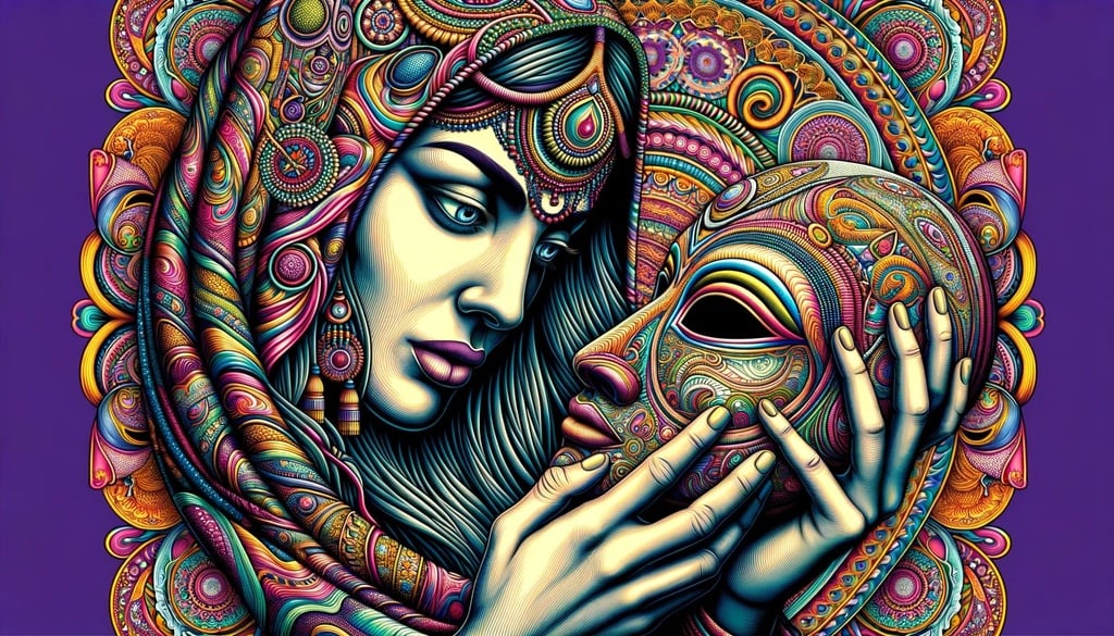 Prompt: Detailed digital illustration of a woman of Middle Eastern descent, gazing intently at a ritualistic mask she holds. The psychedelic background is a fusion of neo-traditional elements, making the scene both mystical and vibrant.