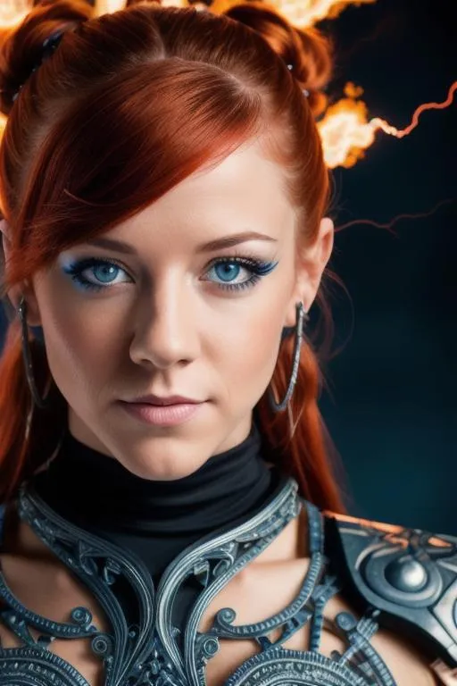 Prompt: a closeup portrait of a cyborg Lindsey Stirling, red hair pulled back, blue eyes, intricate detail, high quality, flaming lightning background, intricate detail, high quality, high detail, masterpiece, intricate facial detail, high quality, detailed face, intricate quality, intricate eye detail, highly detailed, high resolution scan, intricate detailed, highly detailed face, Very detailed, high resolution