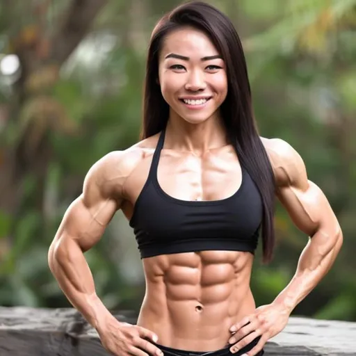 Prompt: strong Asian female with 10 pack abs in bikini