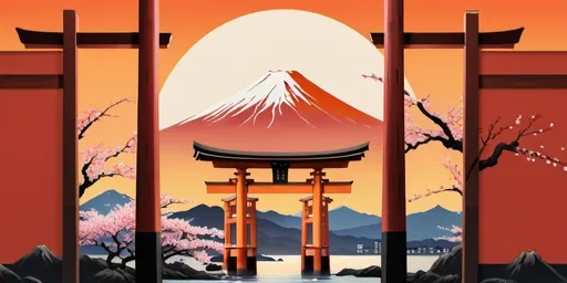 Prompt: Japanese landscape with Mount Fuji in the background and a Torii gate in the foreground. Cherry blossoms are around the edges. The scene is in colors of orange.