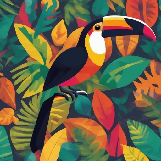 Prompt: Vibrant coloured jungle toucan formed of basic shapes. Bordered with leaves 