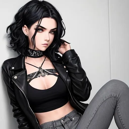 Prompt: edgy. insanely beautiful 16 year old girl. short wavy black hair with light grey undercut.  wearing an edgy black top and black jeans. perfect grey eyes. perfect anatomy. symmetrically perfect face. hyper realistic. heavenly beauty. award winning beauty.