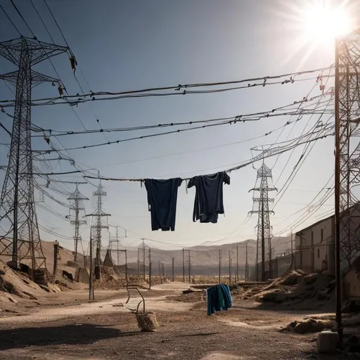 Prompt: washed clothes loaded on a high-voltage wire, extremely detailed, strong sunlight, 8K