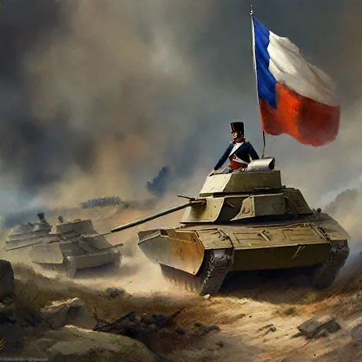 Prompt: Napoleonic War, Hill, Painting Art, main battle tank, French army, french flag