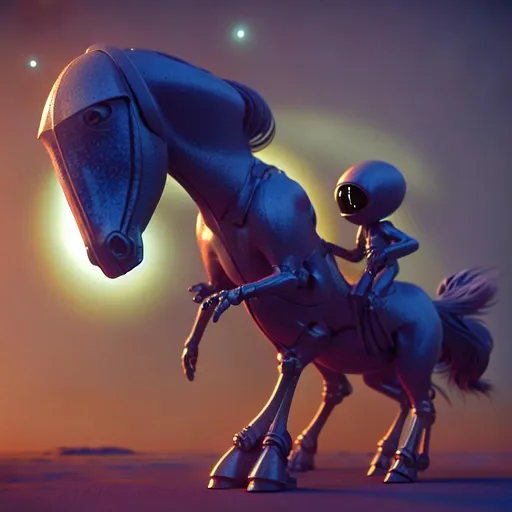 Prompt: extreme long shot, cute alien rides a horse, highly detailed, 3d blender render, liminal space