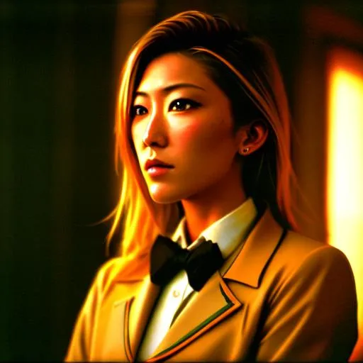 Prompt: Dynamic shot of Dichen Lachman by George Inness from Altered Carbon shot on Leica M6