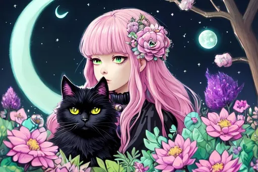 Prompt: Witch, aesthetic, pastel, beautiful, pink hair,painting, fairycore, cute, fluffy black cat,flowers, beautiful eyes, soft, art, rpg, sweet, crystals,green garden ,highres, illustration, Steven universe, moon, stars, space, sci fi,wonderland