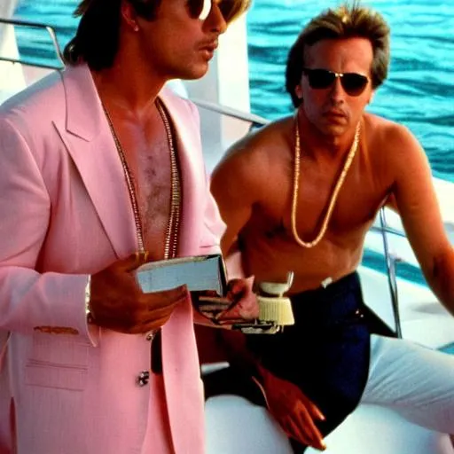 Prompt: Miami vice 1986, Don Johnson on a boat while the sun is setting
