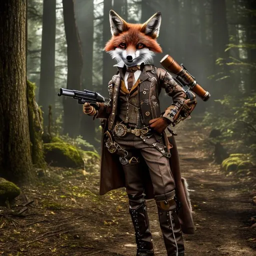 Prompt: Steampunk fox with a shotgun in a dark forest, big trees, shadows, grunge