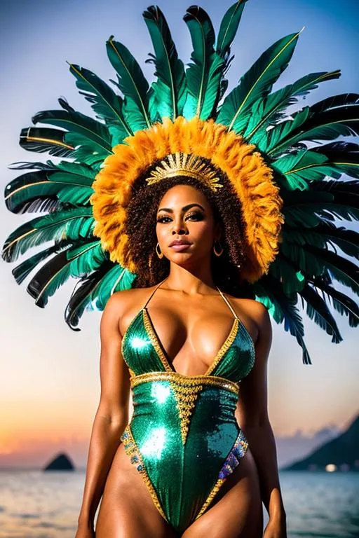 Prompt: photorealistic full body portrait of a beautiful mulatto queen of the rio de janeiro carnival drums with feathers and sequins, (tropical island environment: 1.2), at sunset, detailed, intricate, sharp, focused, depth of field face , symmetrical face, f/1.  8, 85mm, Nikon Z9, (image-centered composition: 1.2)