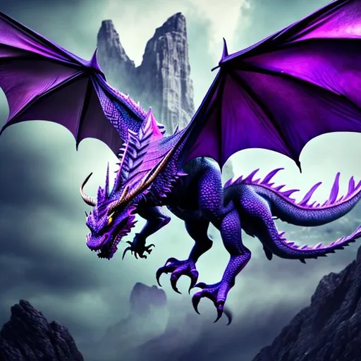 Prompt: Ultra hd ,sharp image, correct symmetry, Purple dragon ,huge , big wings,  in air